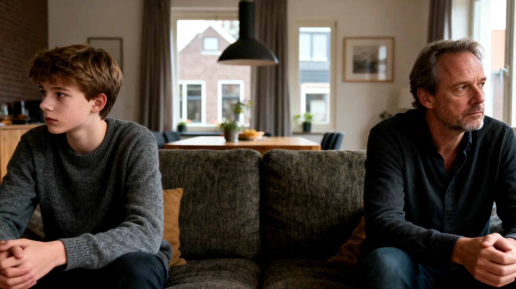 Vader ervaart moeite om op een emotioneel betekenisvolle manier te communiceren met zijn adolescent kind, waarbij gesprekken oppervlakkig blijven en diepere gevoelens en behoeften niet worden gedeeld"